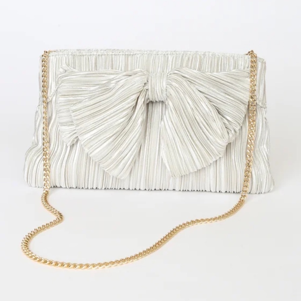 Lulus Bridal Purse Clutch Silver Pleated Shoulder Bag Bride Wedding Formal Gold